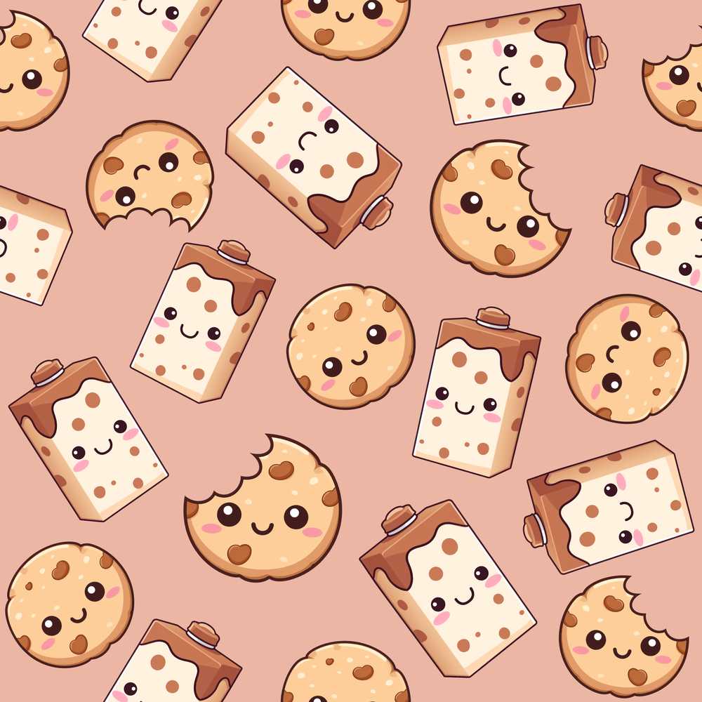 Cute Kawaii Cookies and Chocolate Milk Carton Brown Background