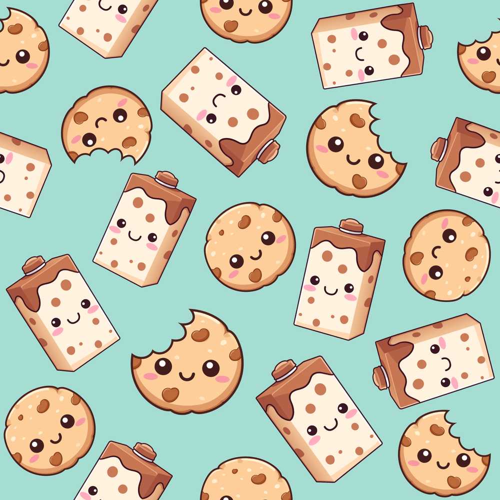 Cute Kawaii Cookies and Chocolate Milk Carton Teal Background