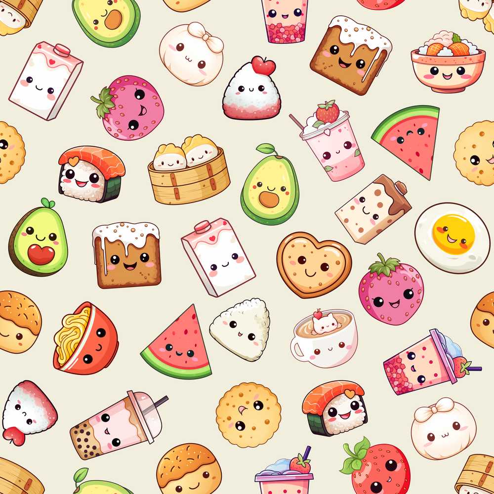 Cute Kawaii Food Characters Sushi Fruit and Drinks