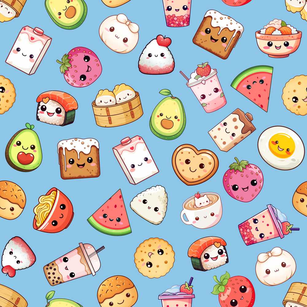 Cute Kawaii Food Characters on Blue Background Illustration