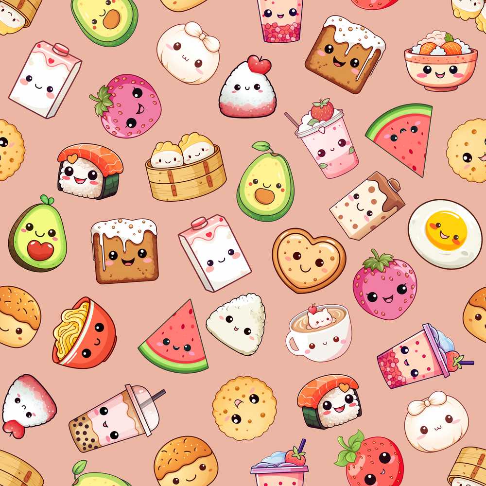 Cute Kawaii Food Characters on Peach Background Illustration