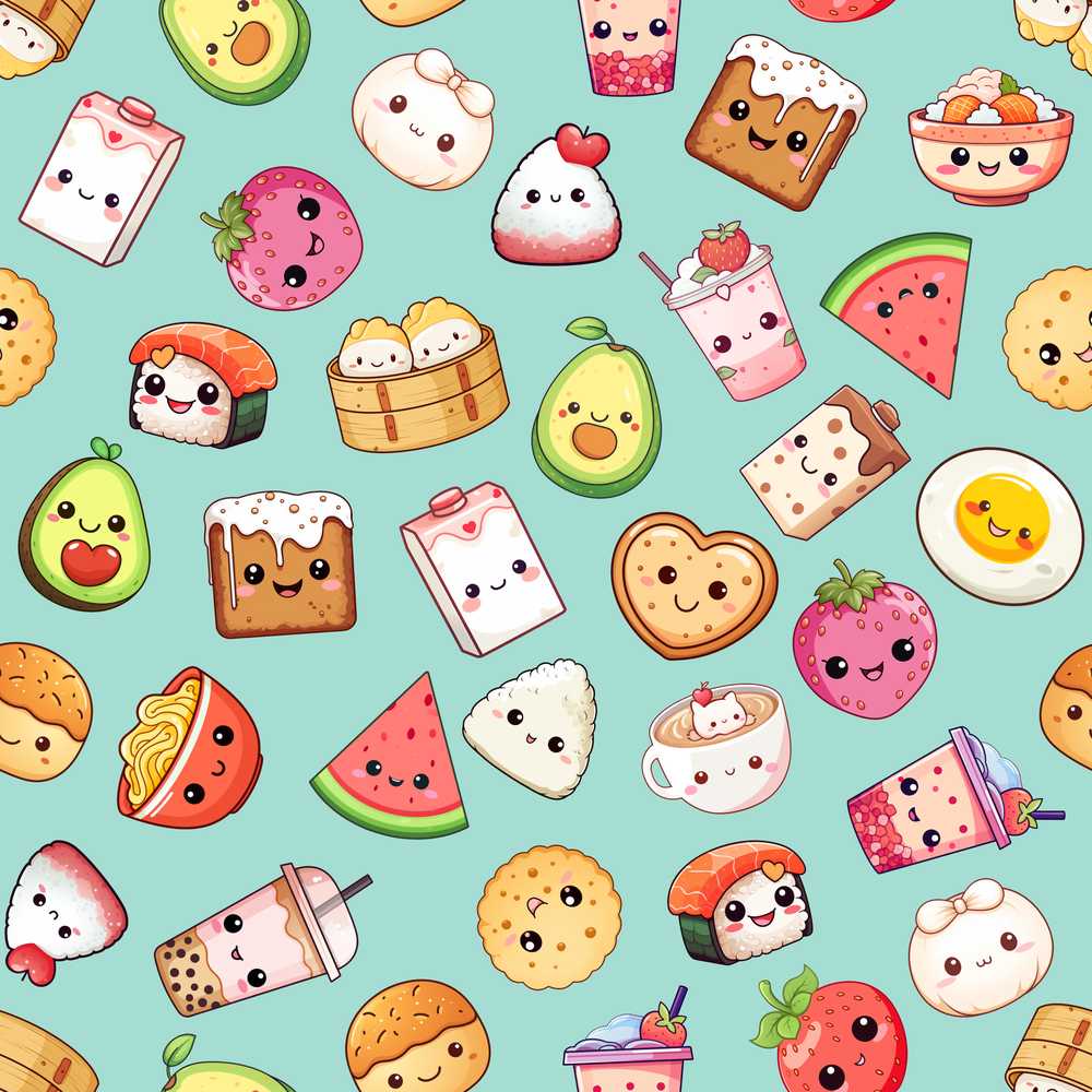Cute Kawaii Food Characters on Mint Green Background