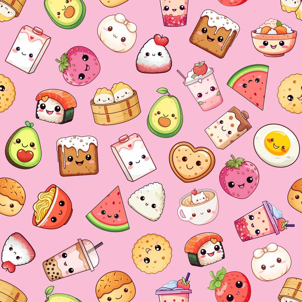 Cute Kawaii Food Characters on Soft Pink Background