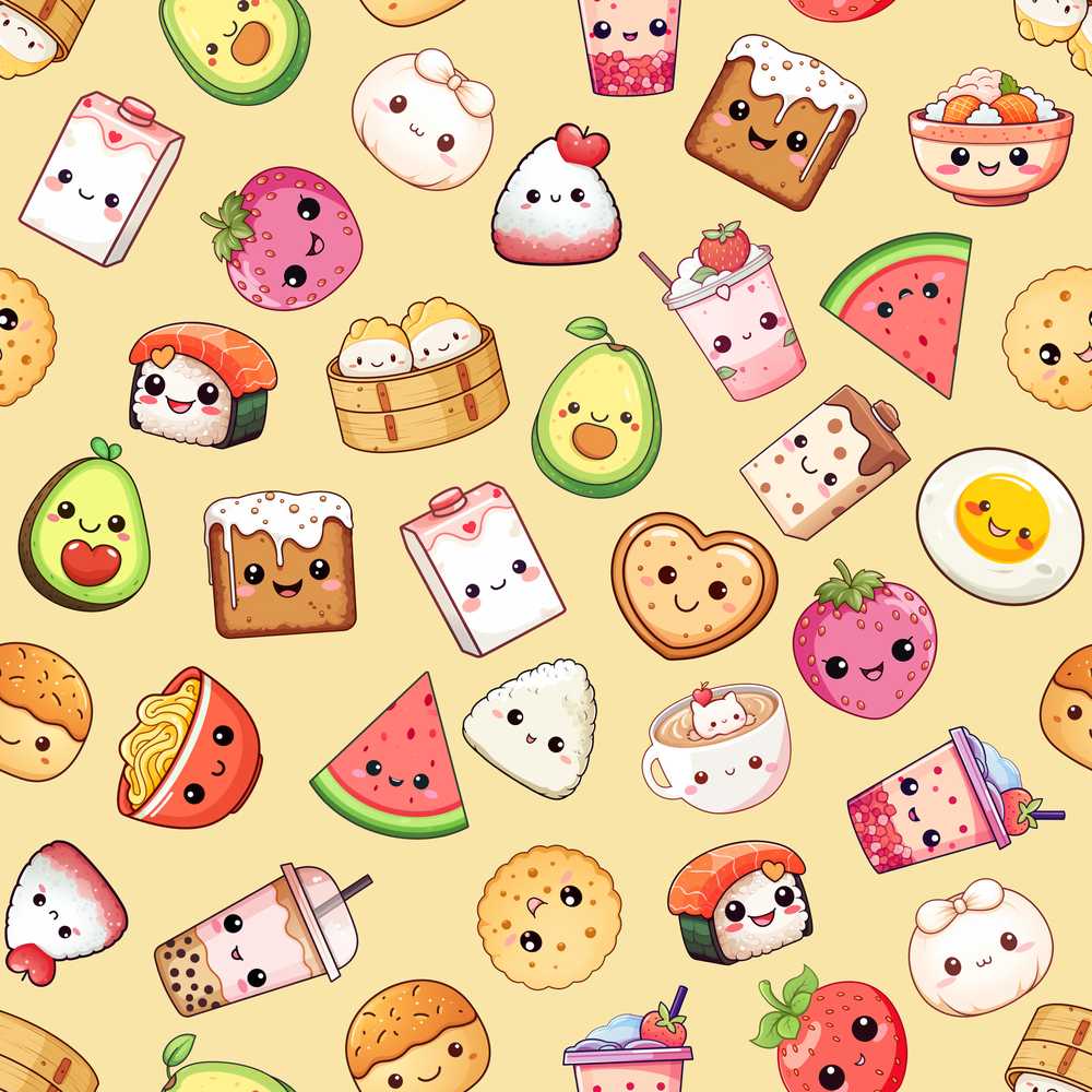 Cute Kawaii Food Characters on Warm Beige Background