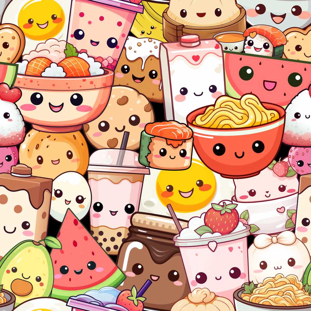 Cute Kawaii Food Collage Characters Illustration Repeat Pattern