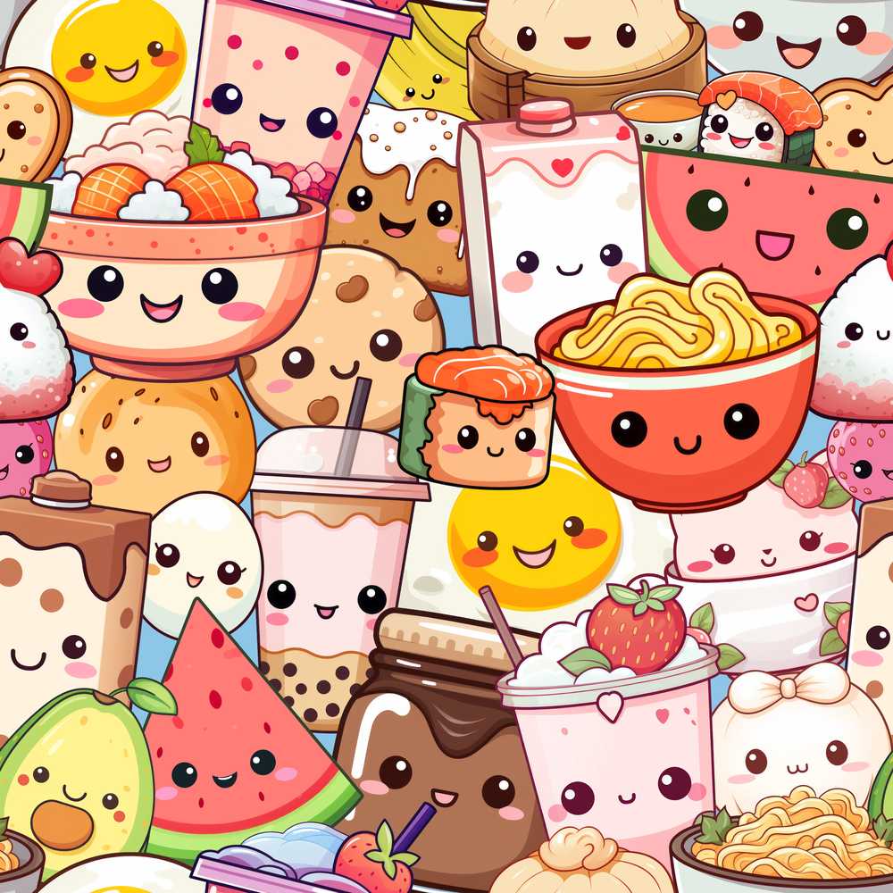 Cute Kawaii Food Collage Characters on Blue Background