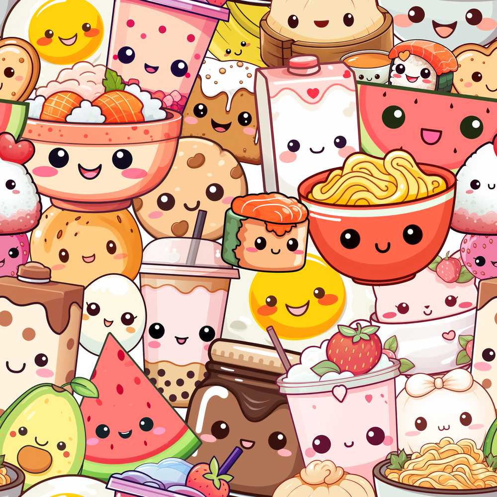Cute Kawaii Food Collage Characters on White Background