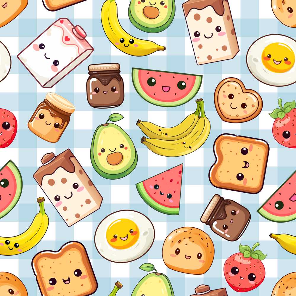 Cute Kawaii Breakfast Food Characters on Checkered Background