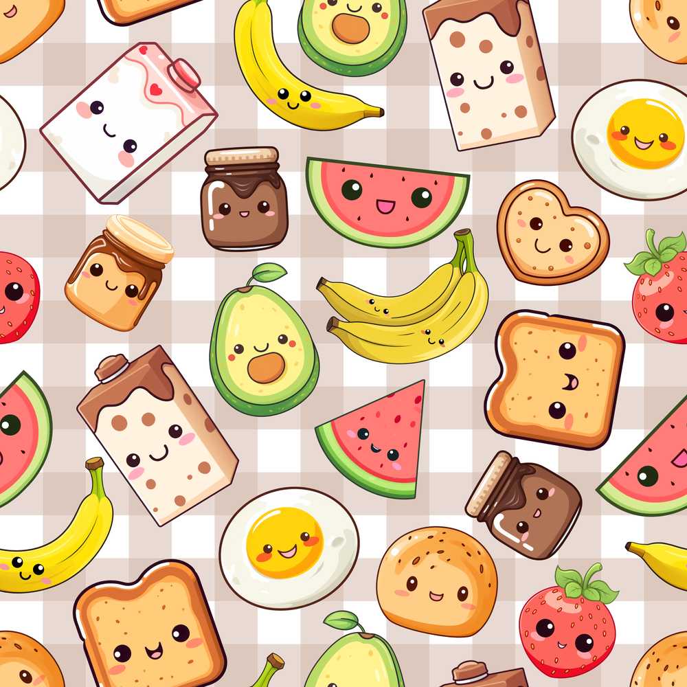 Kawaii Breakfast Food Characters on Beige Check Repeat