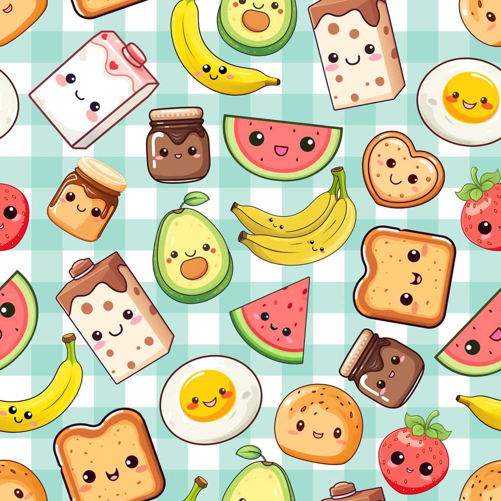 Cute Kawaii Breakfast Food Characters on Mint Check Background