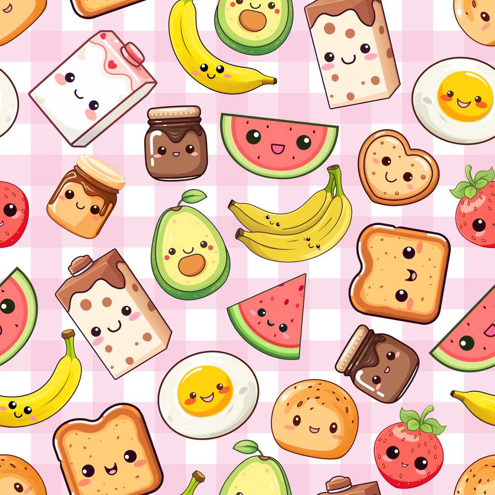 Cute Kawaii Breakfast Food Characters on Pink Check Background