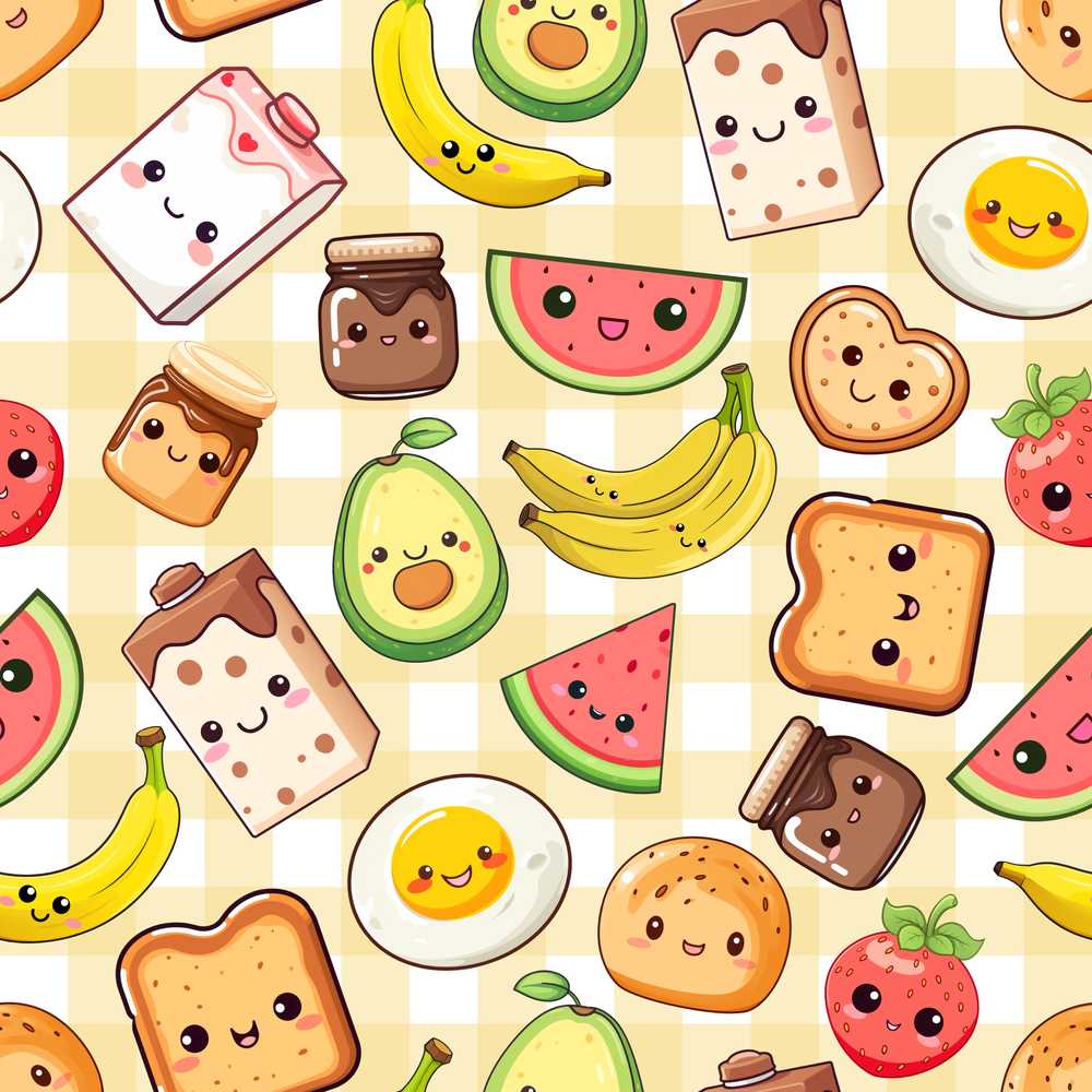 Kawaii Breakfast Food Characters on Yellow Check Repeat