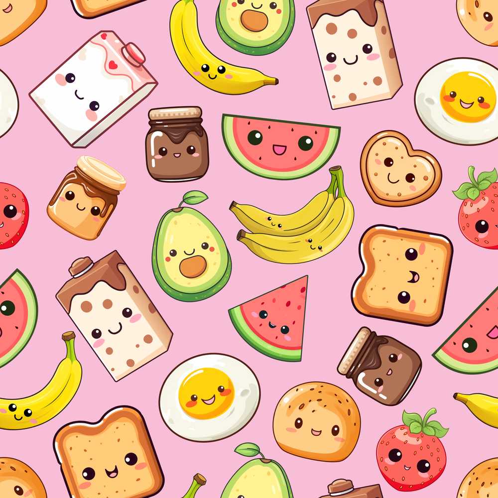 Cute Kawaii Breakfast Food Characters on Soft Pink Background