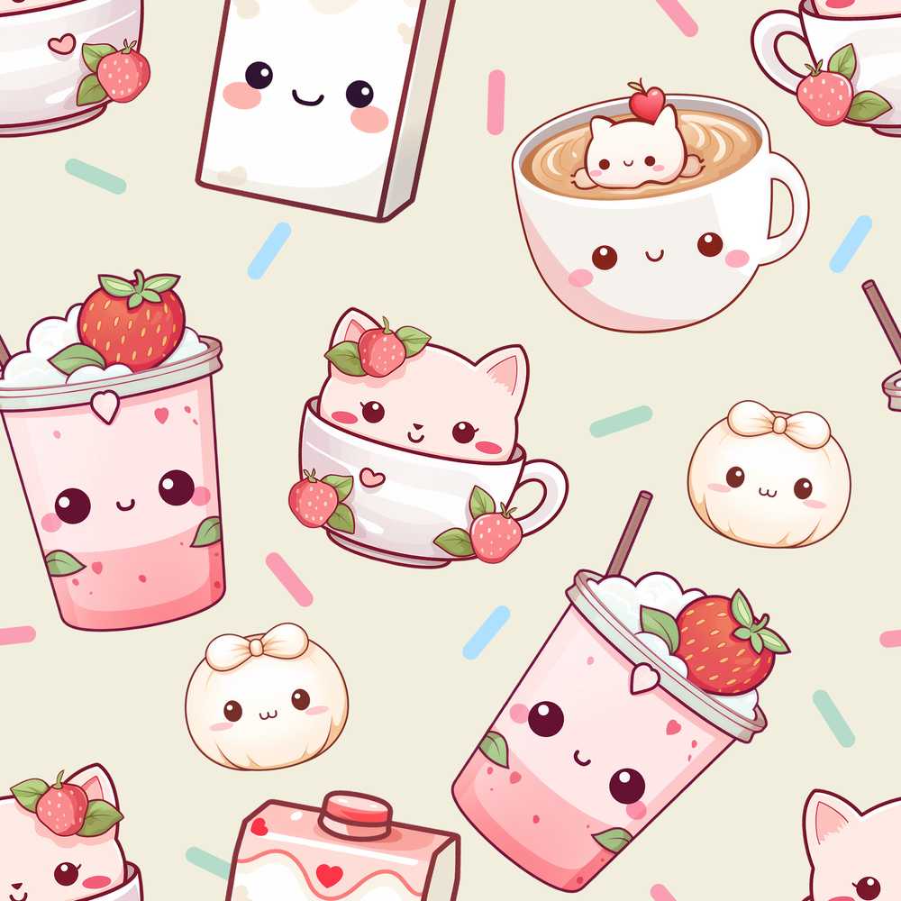 Cute Kawaii Strawberry Drinks and Cat Cups on Cream Background