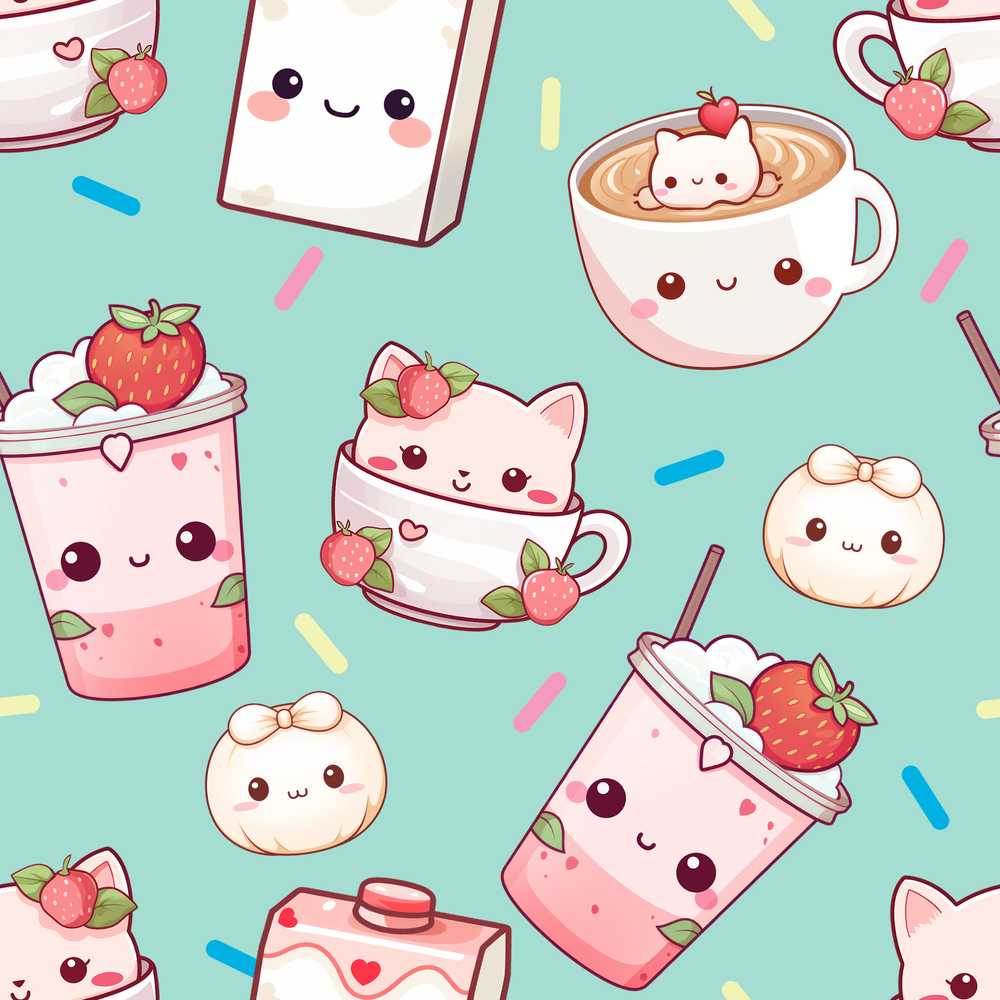Cute Kawaii Strawberry Drinks and Cat Cups on Teal Background