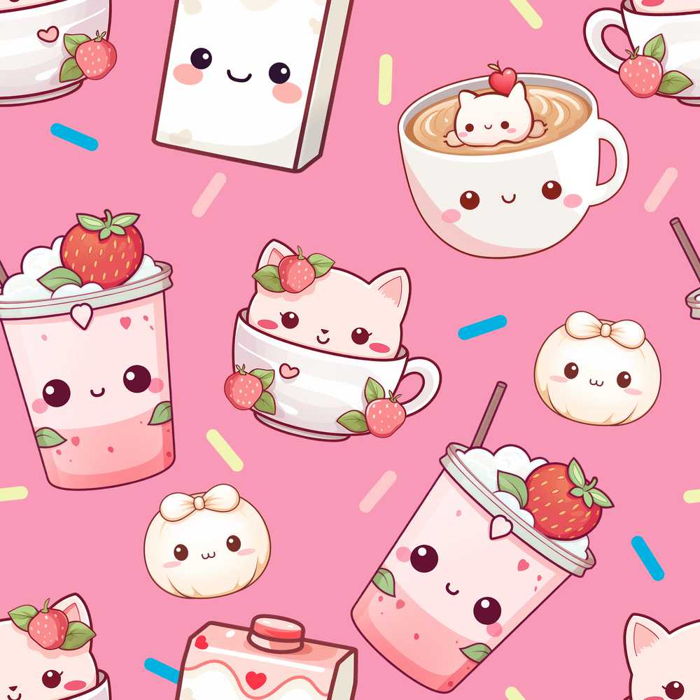 Cute Kawaii Strawberry Drinks and Cat Cups on Pink Background