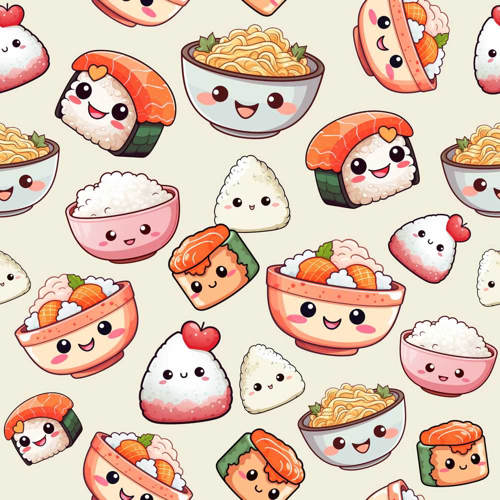 Cute Kawaii Sushi Rice Bowls and Noodles on Cream Background