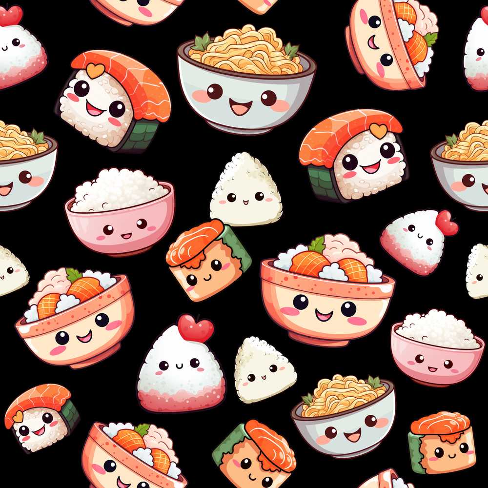 Cute Kawaii Sushi Rice Bowls and Noodles on Black Background