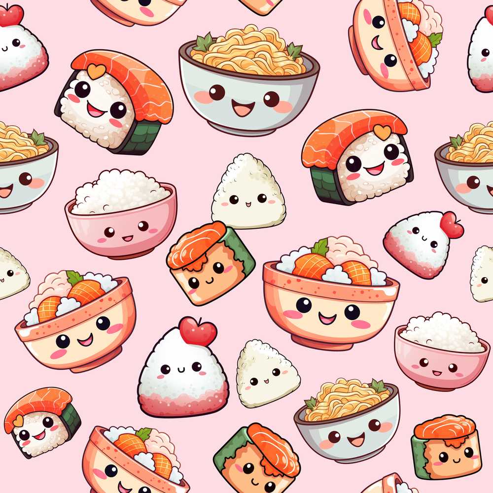 Kawaii Sushi Rice Bowls and Noodles on Light Pink