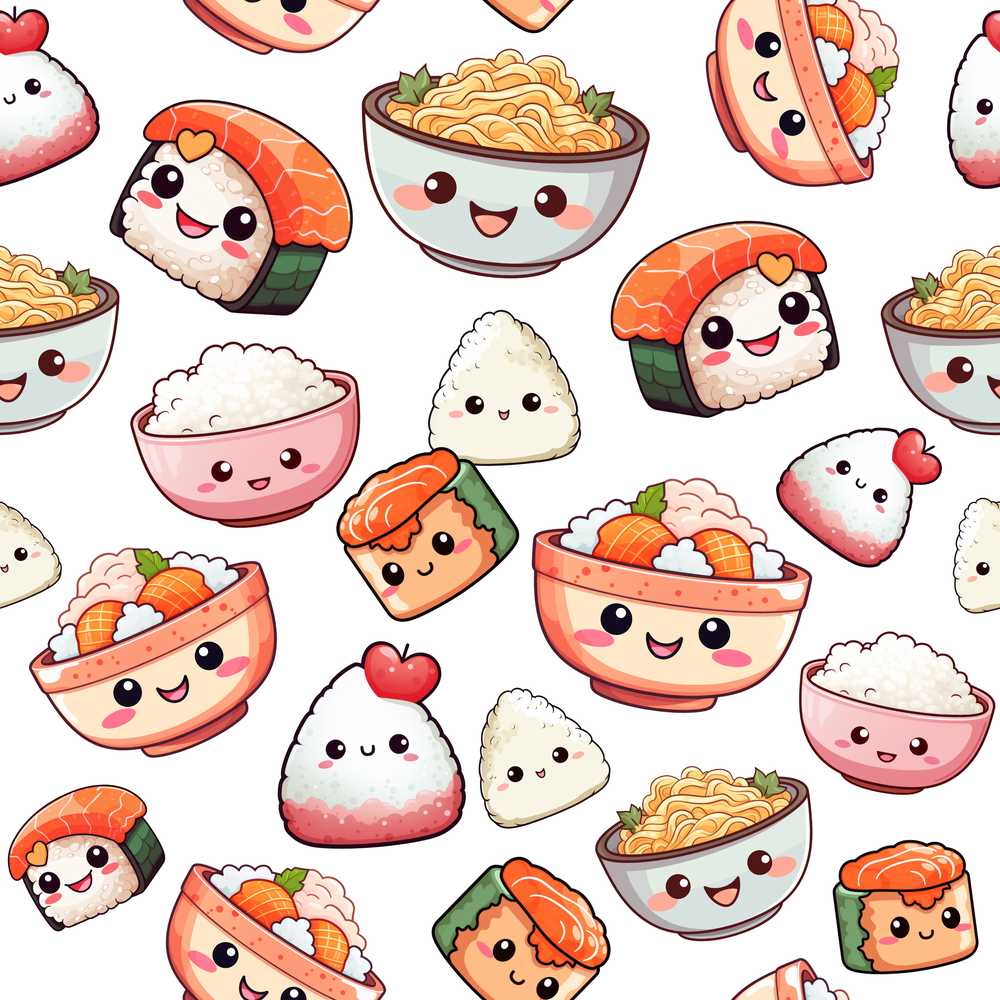 Cute Kawaii Sushi Rice Bowls and Noodles on White Background