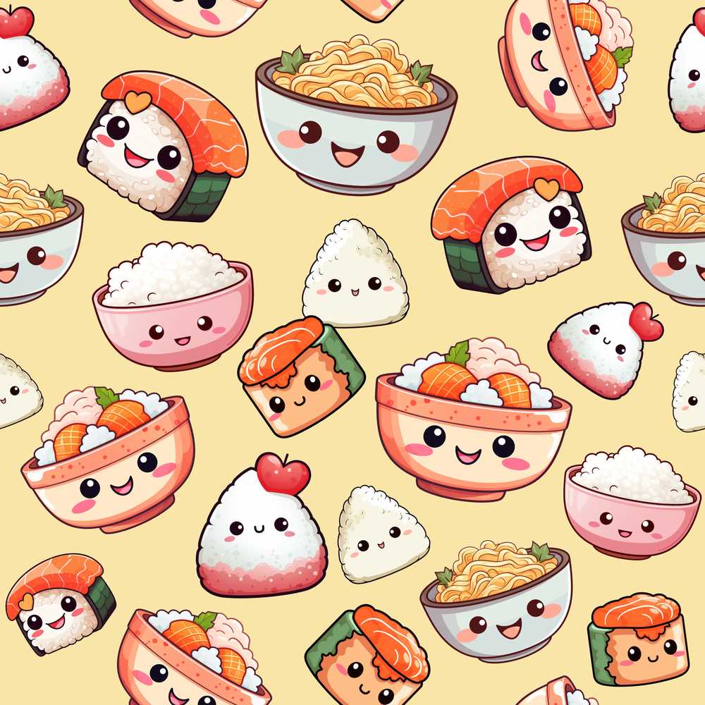 Cute Kawaii Sushi Rice Bowls and Noodles on Beige Background