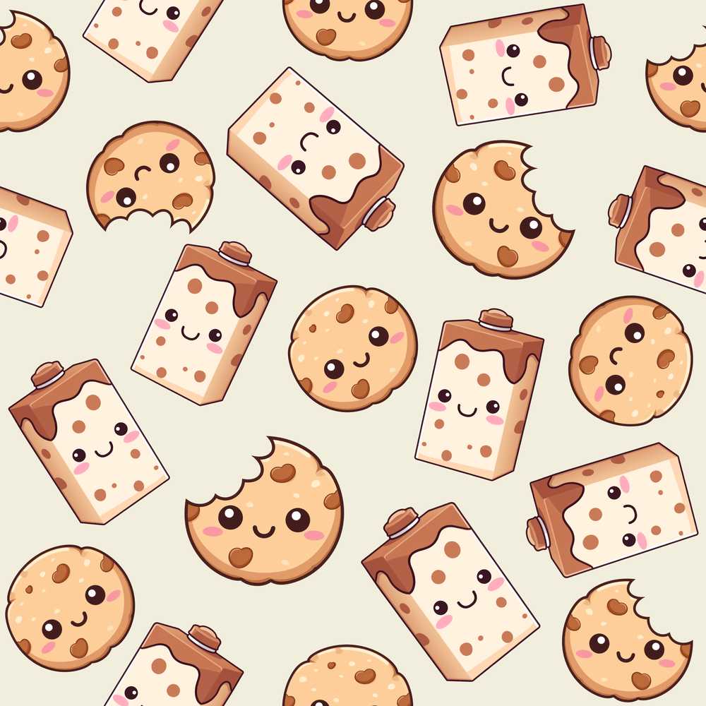 Cute Kawaii Cookies and Milk Cartons on Cream Background
