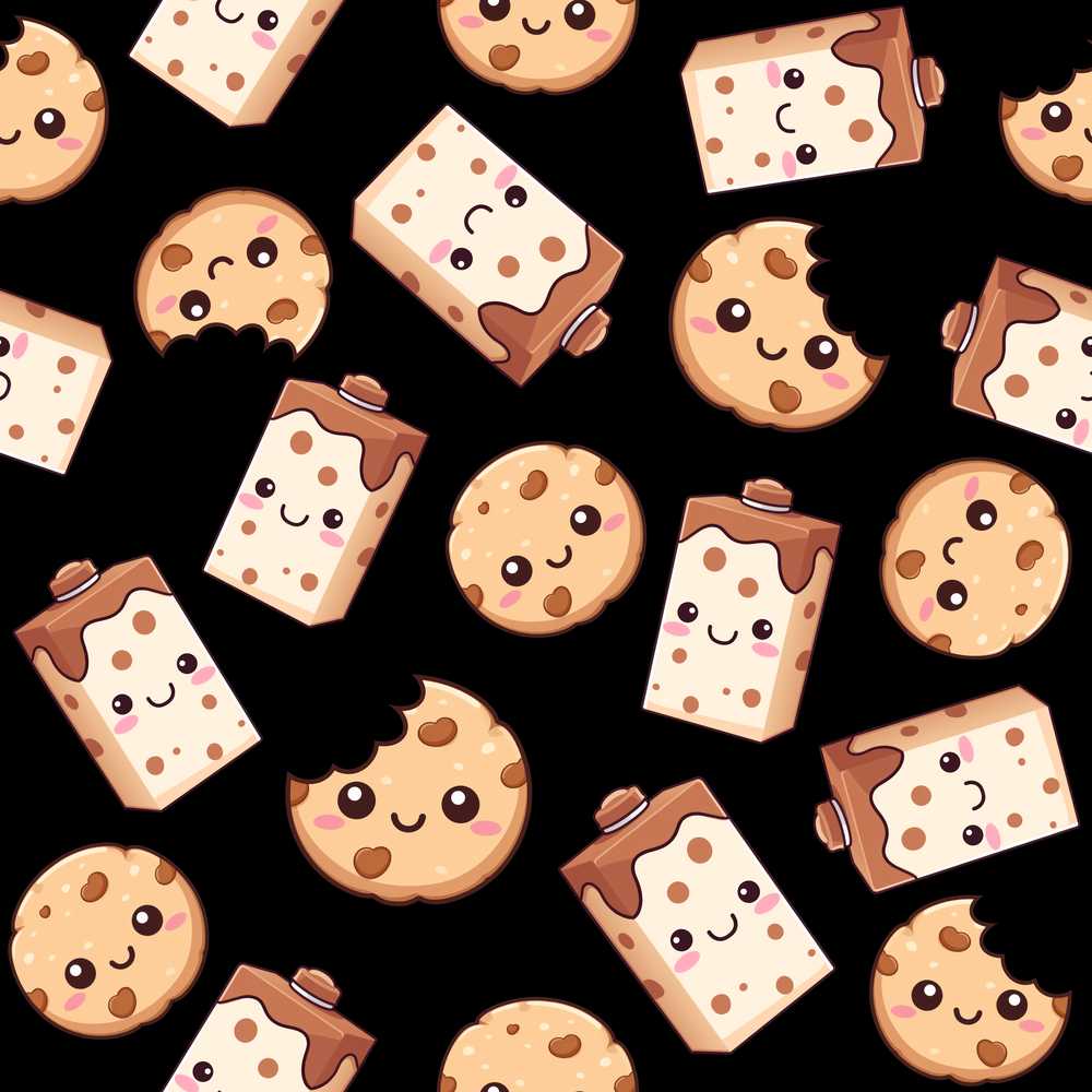 Cute Kawaii Cookies and Milk Cartons on Black Background