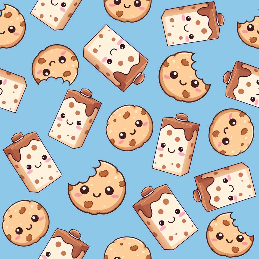 Cute Kawaii Cookies and Milk Cartons on Blue Background