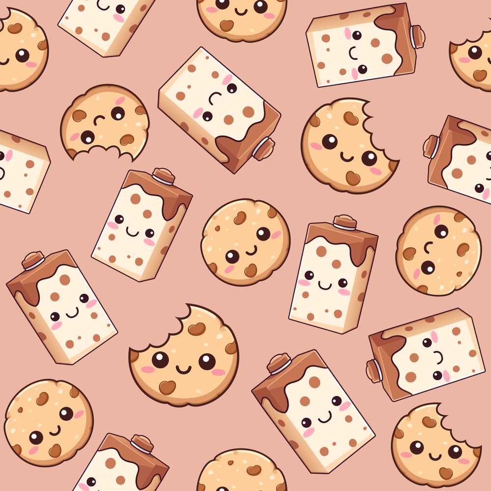 Cute Kawaii Cookies and Milk Cartons on Peach Background