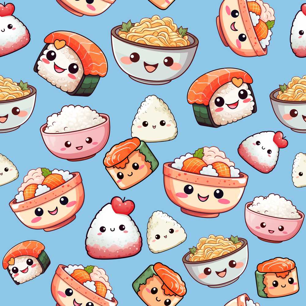 Cute Kawaii Sushi Rice Bowls and Noodles on Blue Background