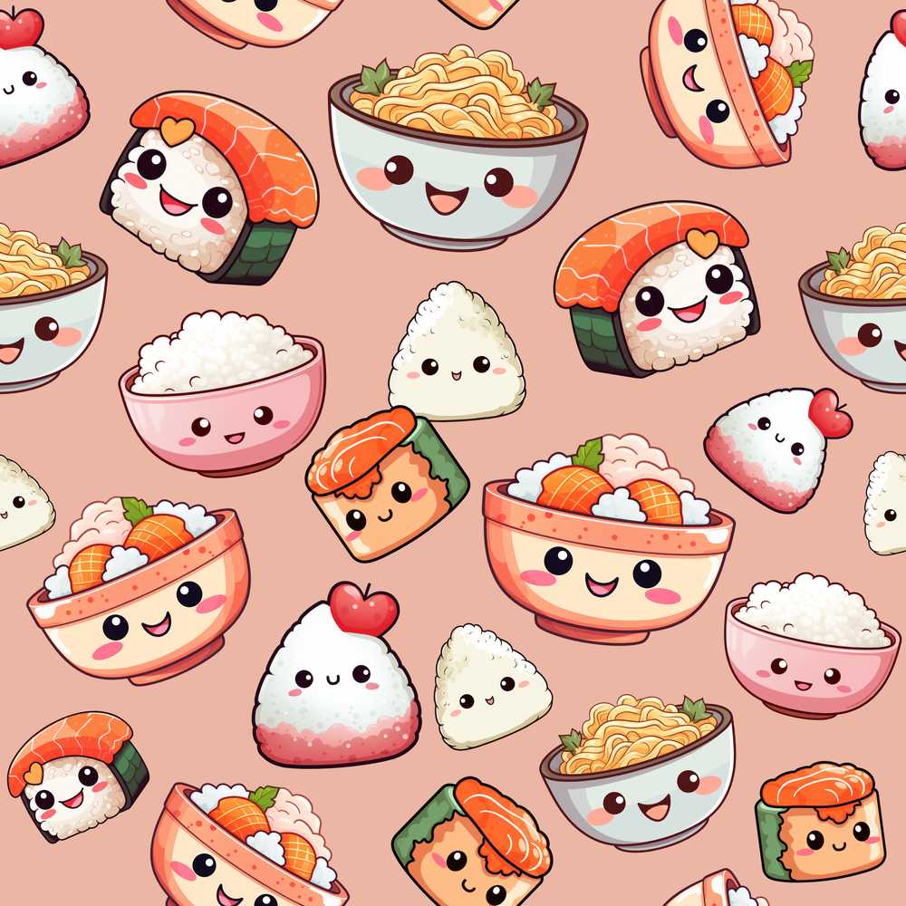 Cute Kawaii Sushi Rice Bowls and Noodles on Peach Background