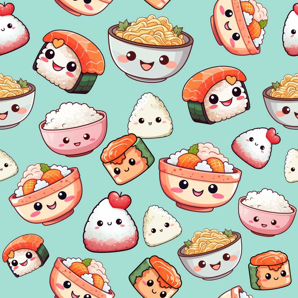 Cute Kawaii Sushi Rice Bowls and Noodles on Mint Background
