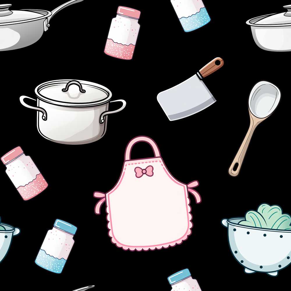 Cute Kawaii Kitchen Utensils and Apron on Black Background