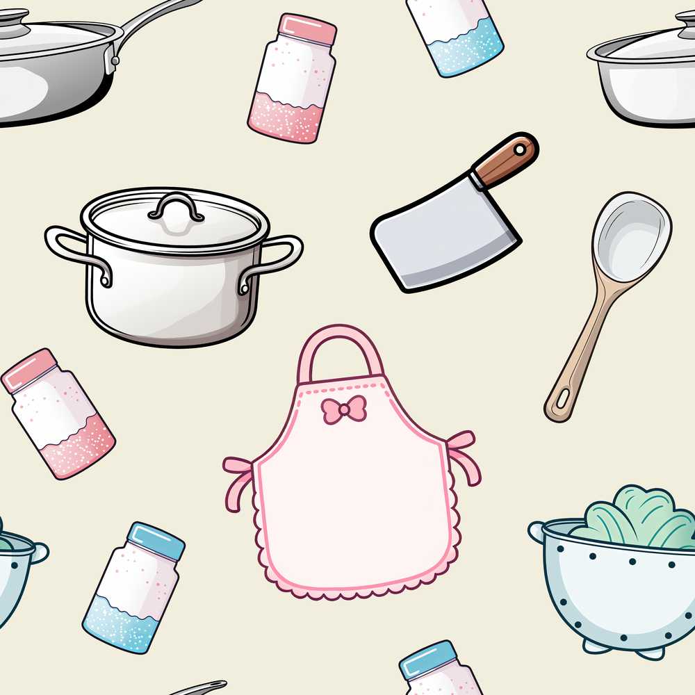 Kawaii Kitchen Utensils Apron and Cooking Tools on Neutral