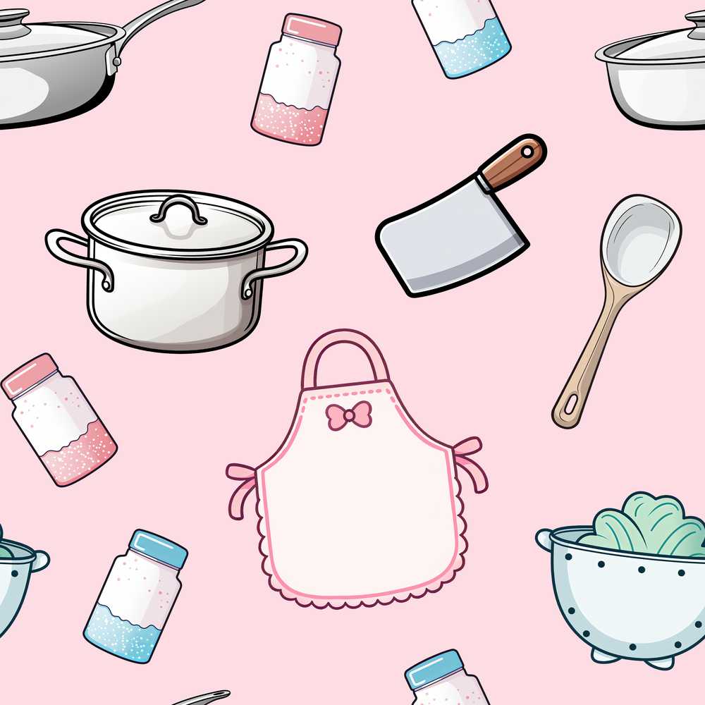 Kawaii Kitchen Utensils Apron and Cooking Tools on Soft Pink