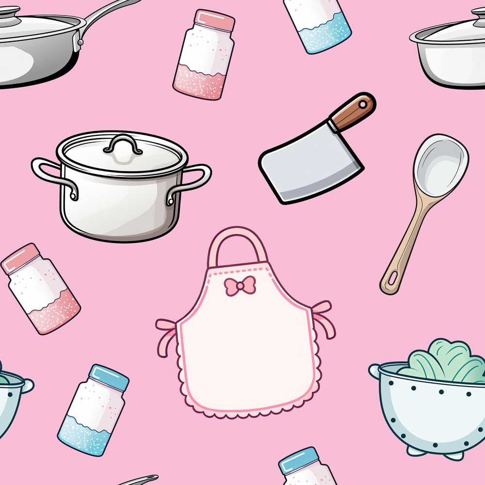 Kawaii Kitchen Utensils Apron and Cooking Tools on Blush Pink