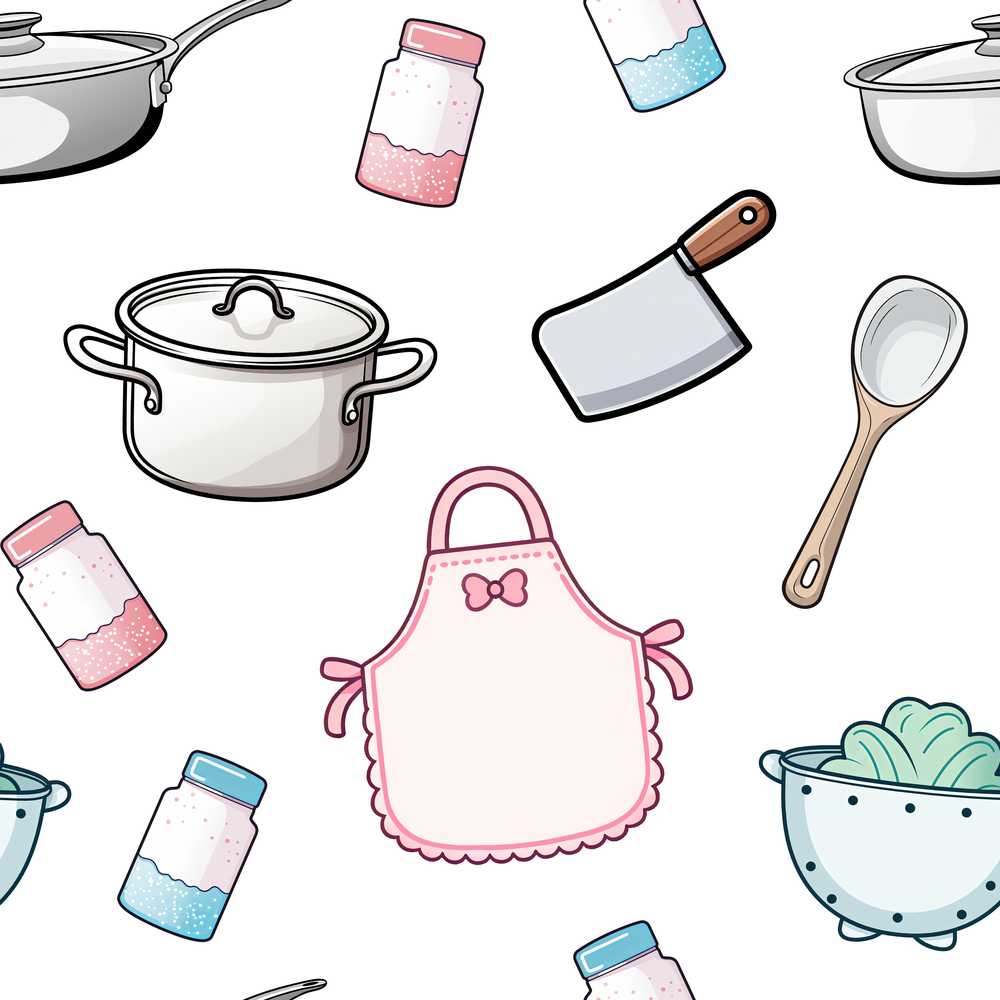 Kawaii Kitchen Utensils Apron and Cooking Tools on Light Grey