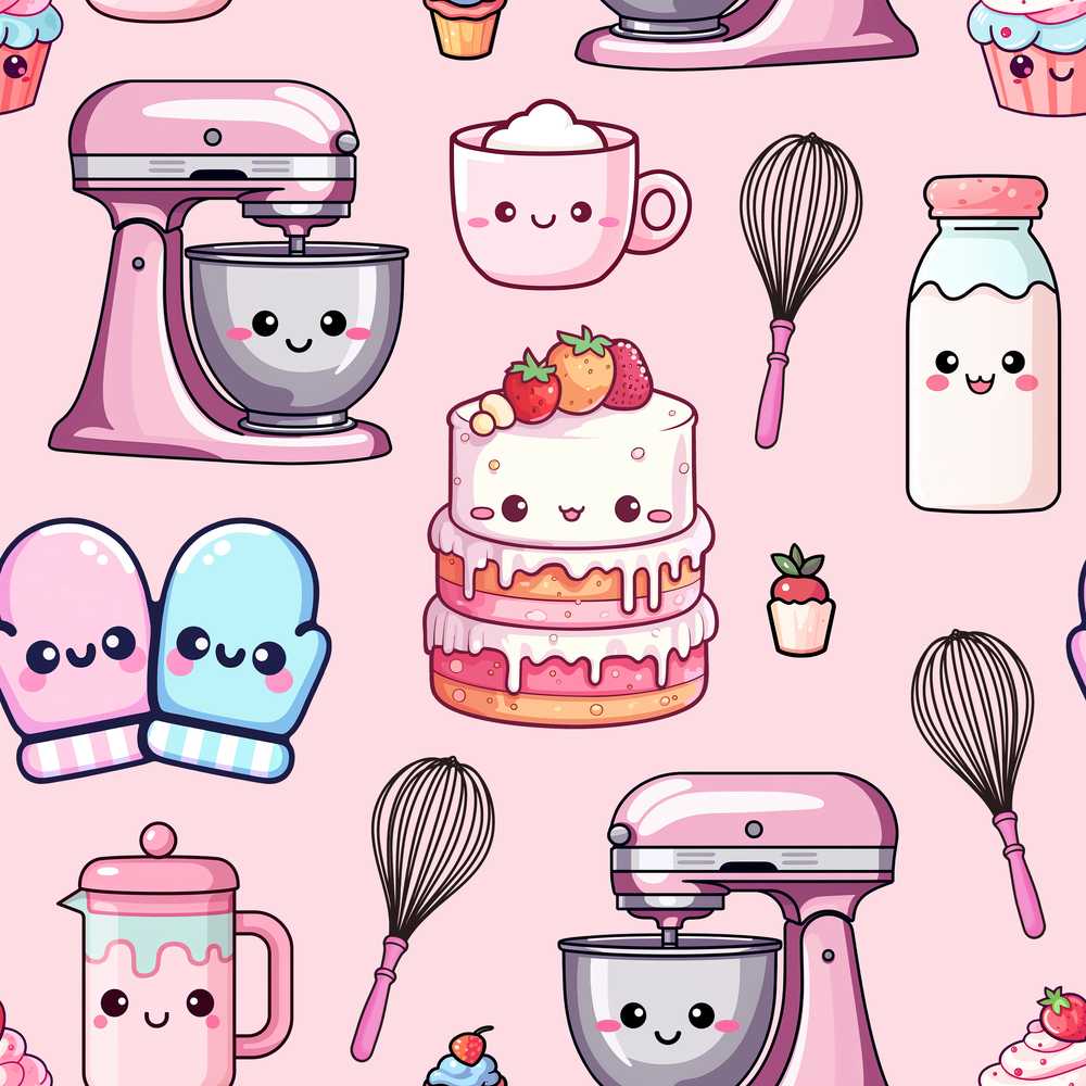 Kawaii Baking Mixer Cake and Cupcake Tools on Soft Pink
