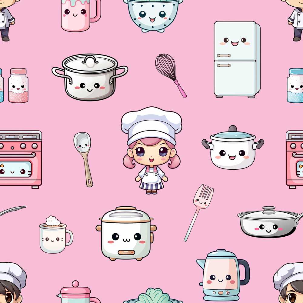 Kawaii Kitchen Chef Girl Cooking Utensils on Soft Pink