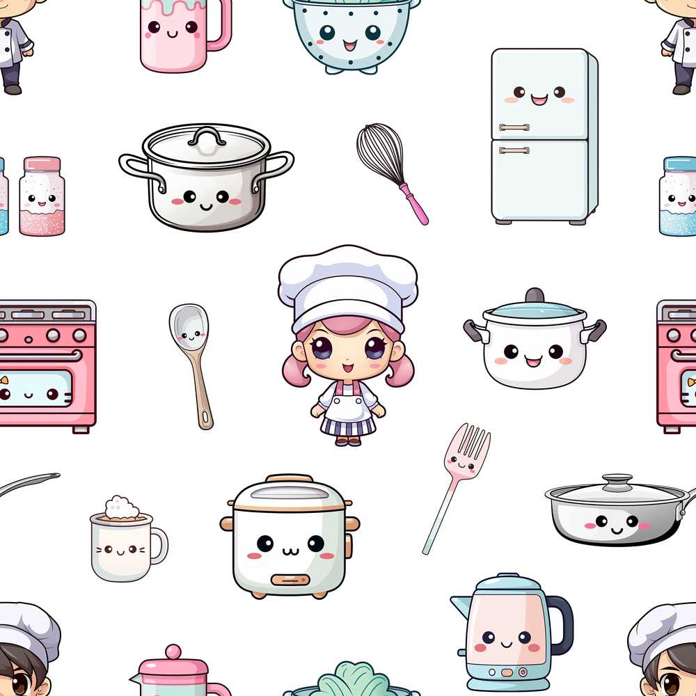 Cute Kawaii Chef Girl Cooking Utensils Grey Background