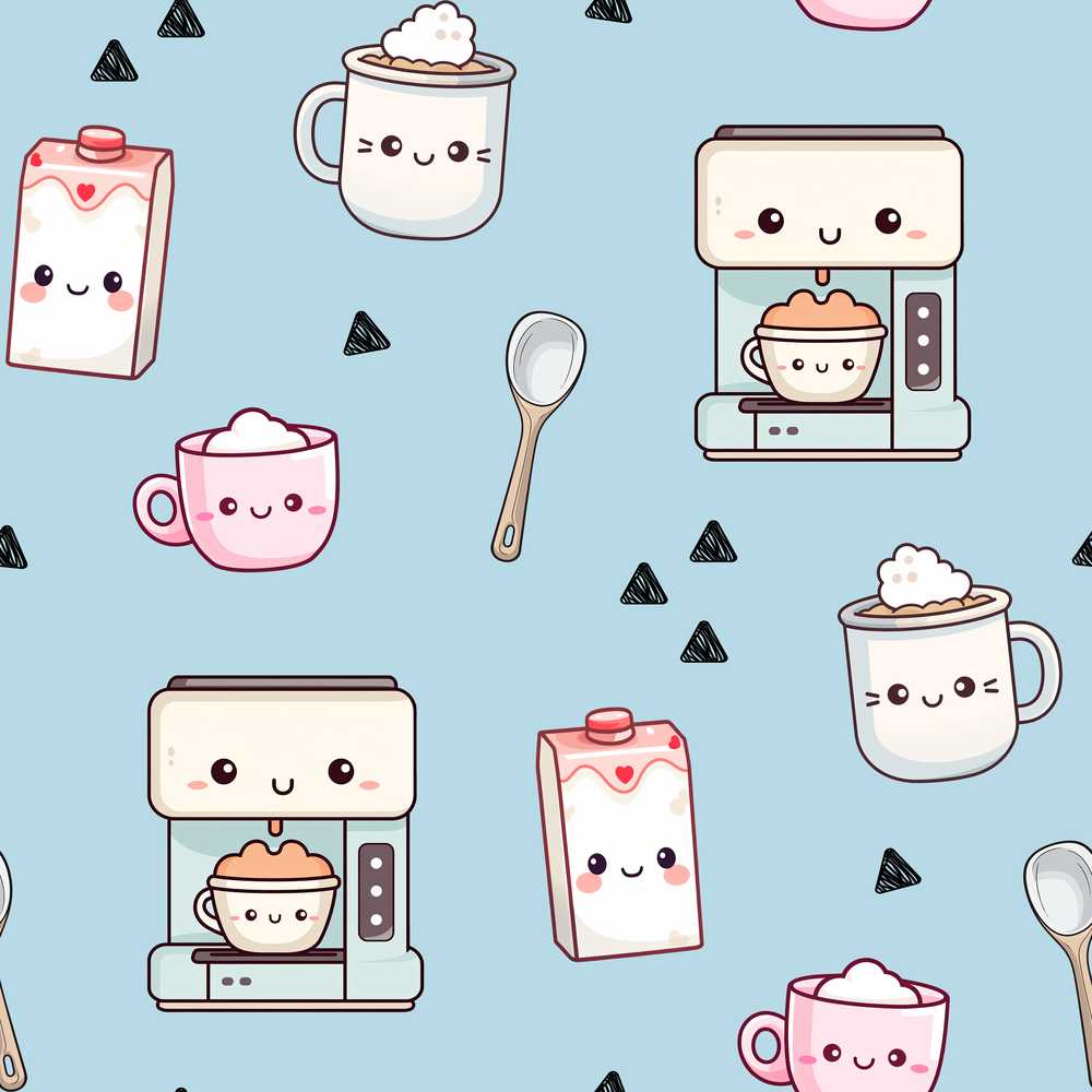 Cute Kawaii Coffee Maker Milk Carton Cups Blue Background