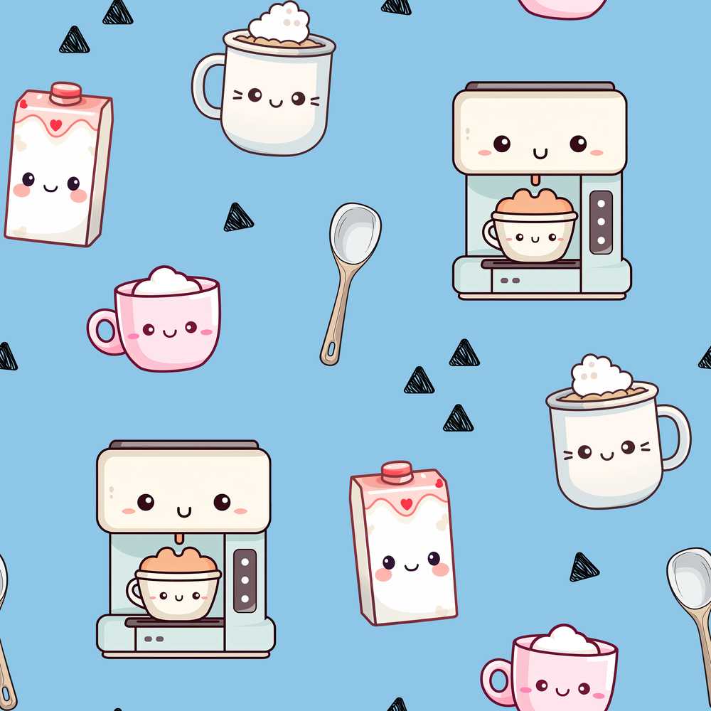 Cute Kawaii Coffee Maker Milk Carton Cups Sky Blue Background