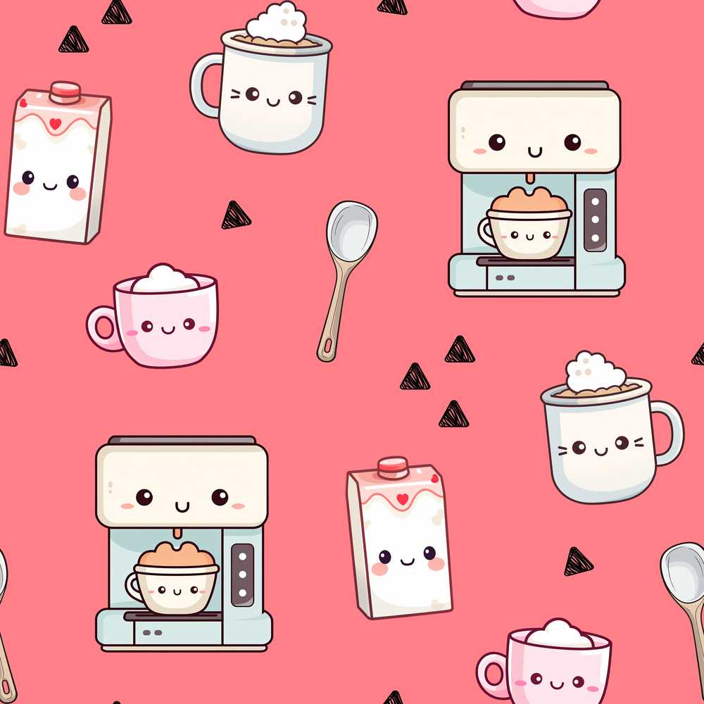 Cute Kawaii Coffee Maker Milk Carton Cups Red Background