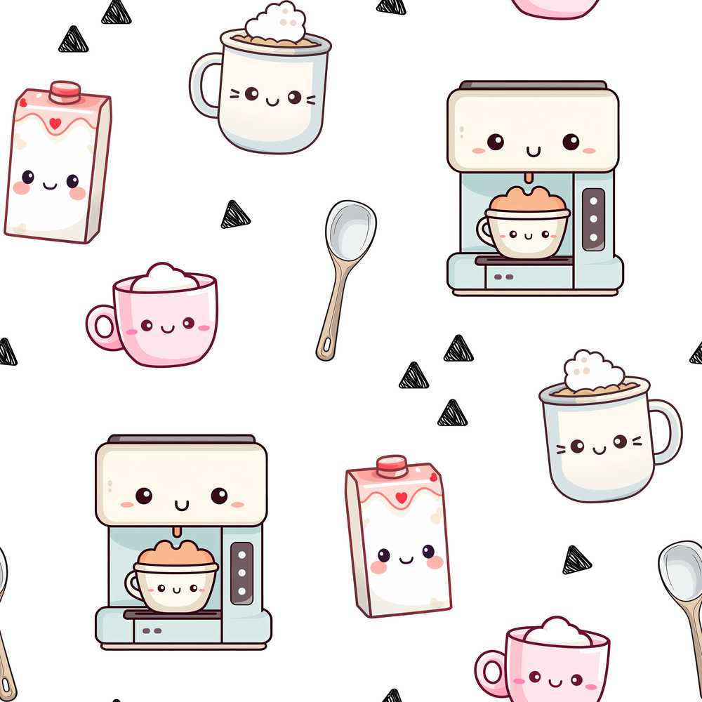 Cute Kawaii Coffee Maker Milk Carton Cups Grey Background