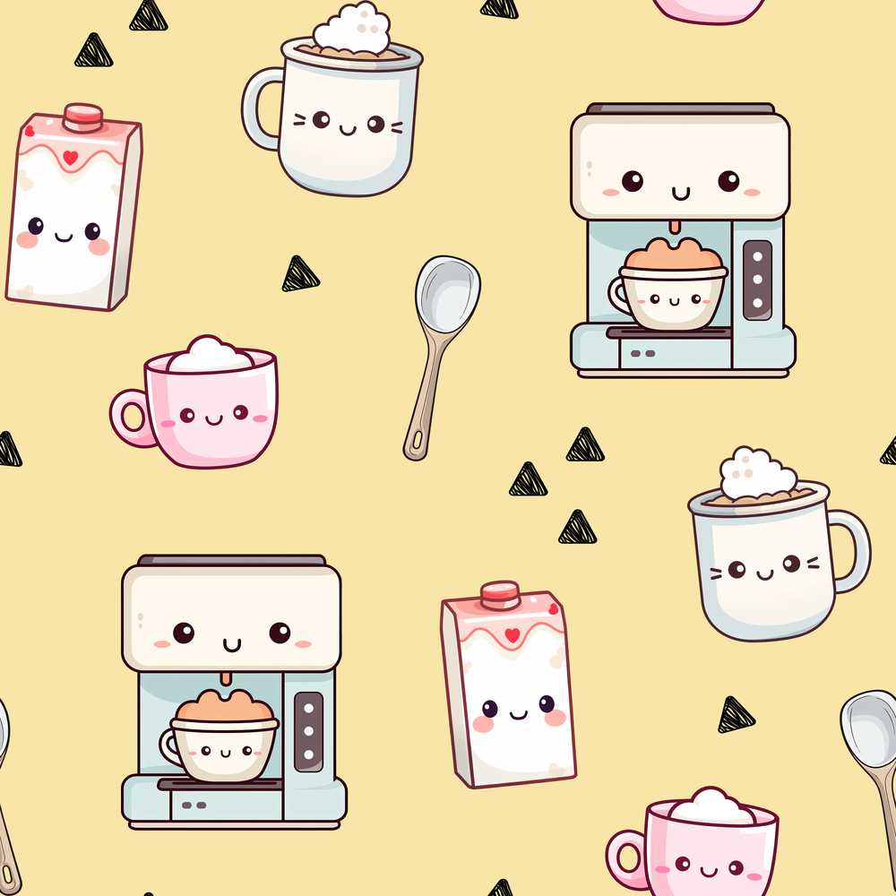 Cute Kawaii Coffee Maker Milk Carton Cups Yellow Background