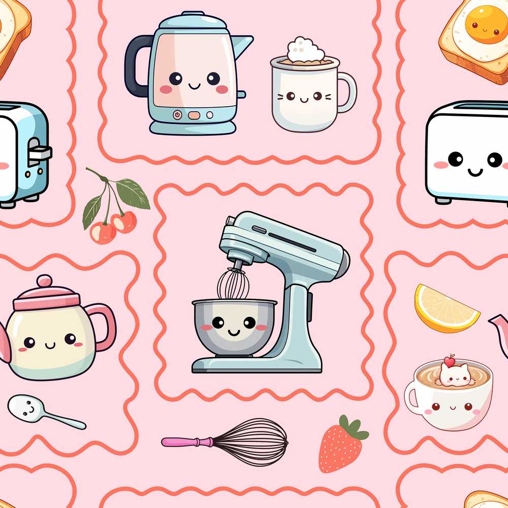 Cute Kawaii Kitchen Mixer Kettle Fruits Pink Background