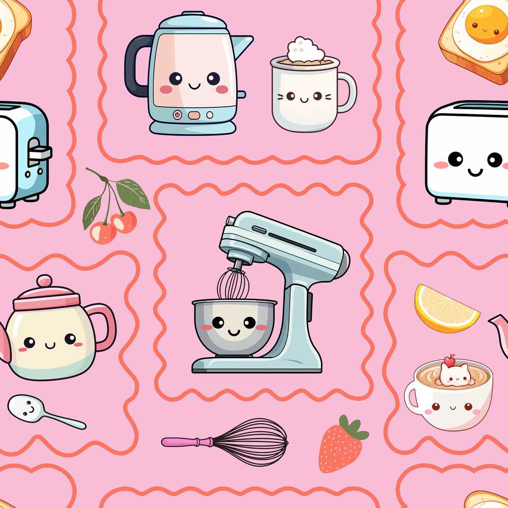 Cute Kawaii Kitchen Mixer Kettle Fruits Blush Pink Background