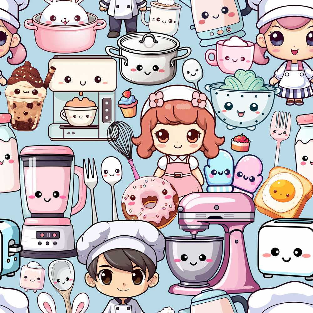 Cute Kawaii Baking Kitchen Girl Mixer Utensils Blue Background