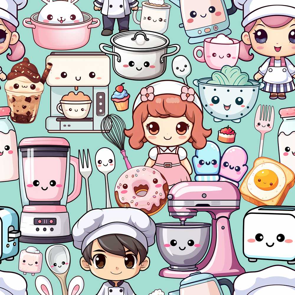 Cute Kawaii Baking Girl Kitchen Appliances Utensils Mint Background