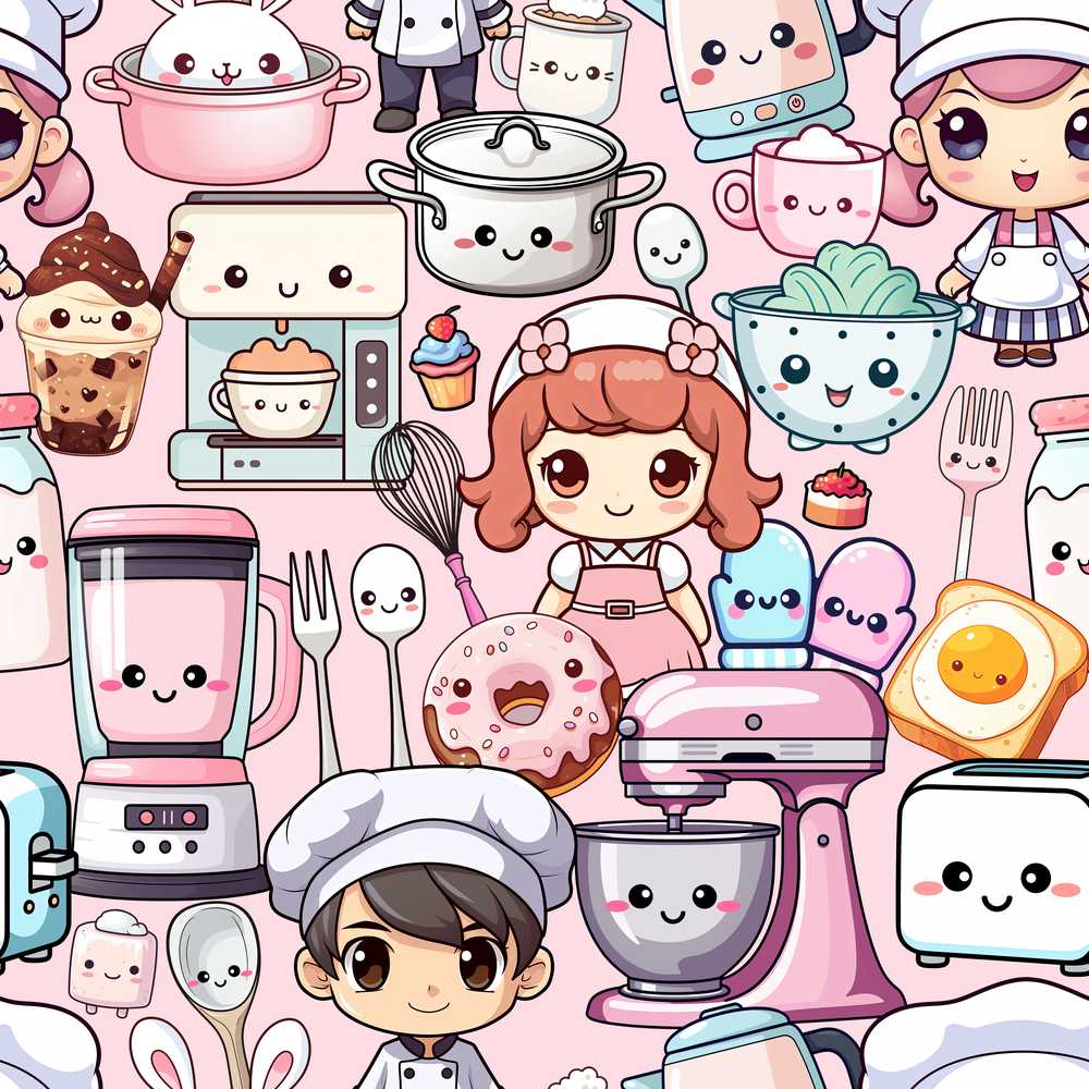 Cute Kawaii Baking Girl Kitchen Appliances Utensils Soft Pink Background